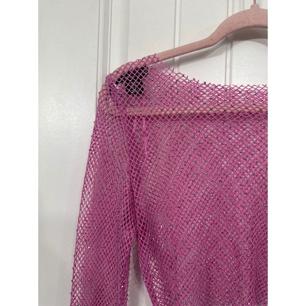 Pink Rhinestone Fishnet Mesh Crop Top Long Sleeve Medium Festival Rave Retro - Picture 2 of 6